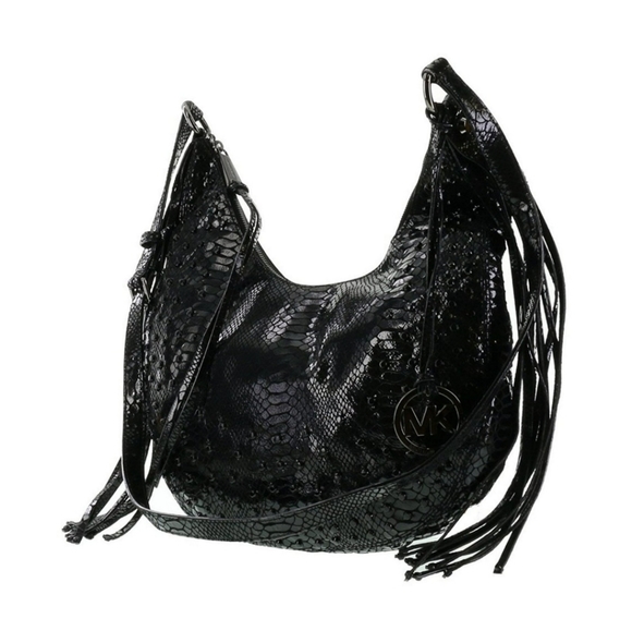 Michael Kors Medium Rhea Crystal Black Slouchy Shoulder Patent Python Black Bag - Picture 3 of 7